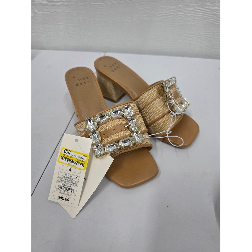 A New Day Kathleen Beige Woven Rhinestone Buckle Block Heel Slide Sandals Size 6